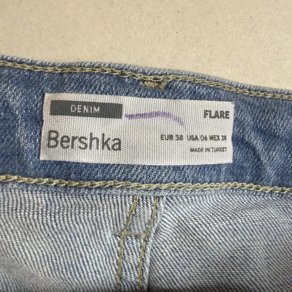 Bershka Flare Jeans Womens 6 Blue Light Wash High Rise Split Hem Stretch Denim